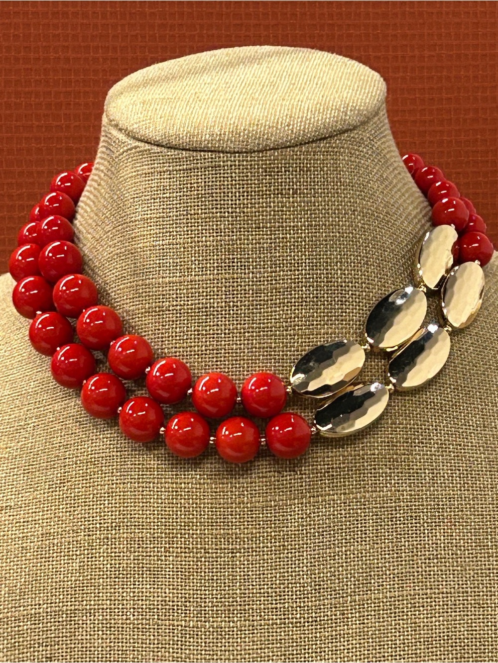Versona red and gold tone beaded statement necklace